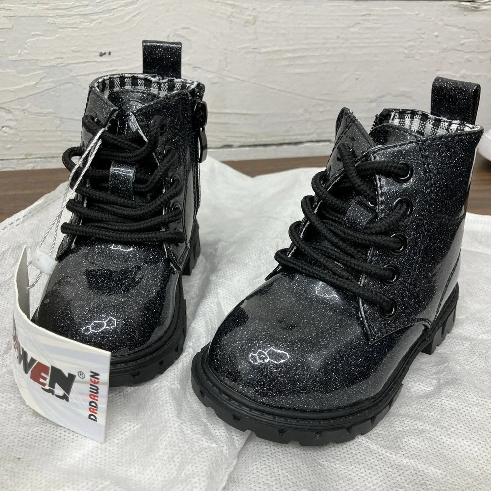 Dadawen Black Glitter Combat Boots Kids Ankle Glossy Black Glitter Boots Size 5